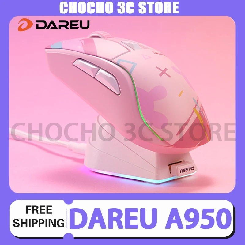 Dareu A950 프로 무선 RGB 블루투스 마우스, 휴대용 트라이 모드 Paw3395 4K 게이밍 마우스, 컴퓨터 키보드 PC 사무실 마우스 선물 