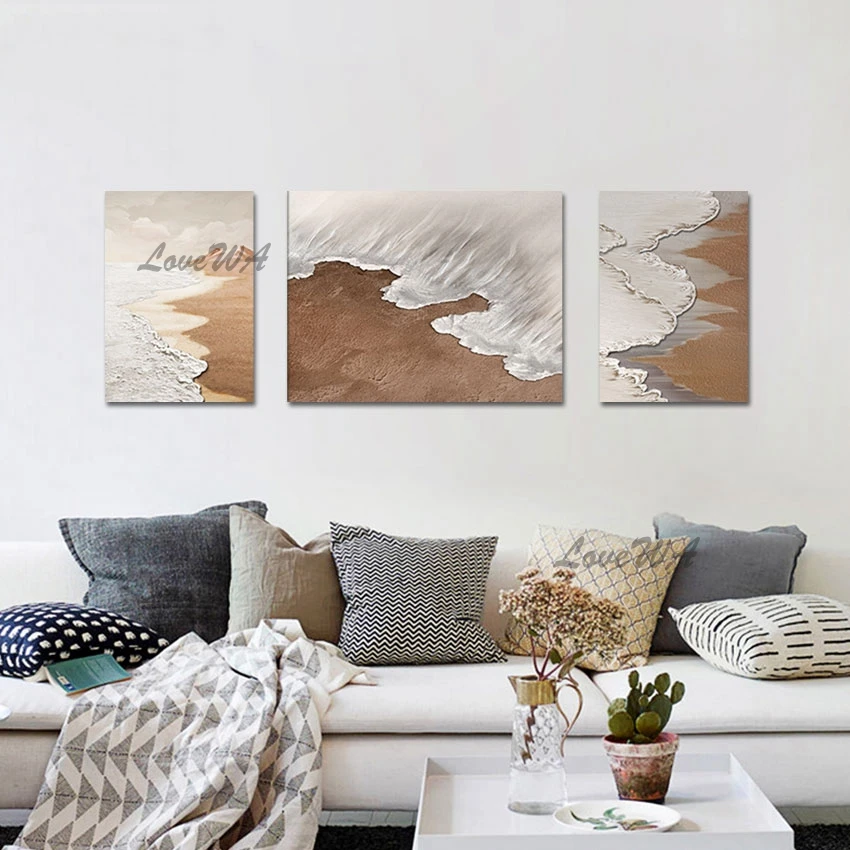 Abstract Oil Painting, Unframed, 3PCS Modern Decor, Acrylic Art Beach With Sea Wave 3d Picture, Beautiful Scenery Canvas Artwork