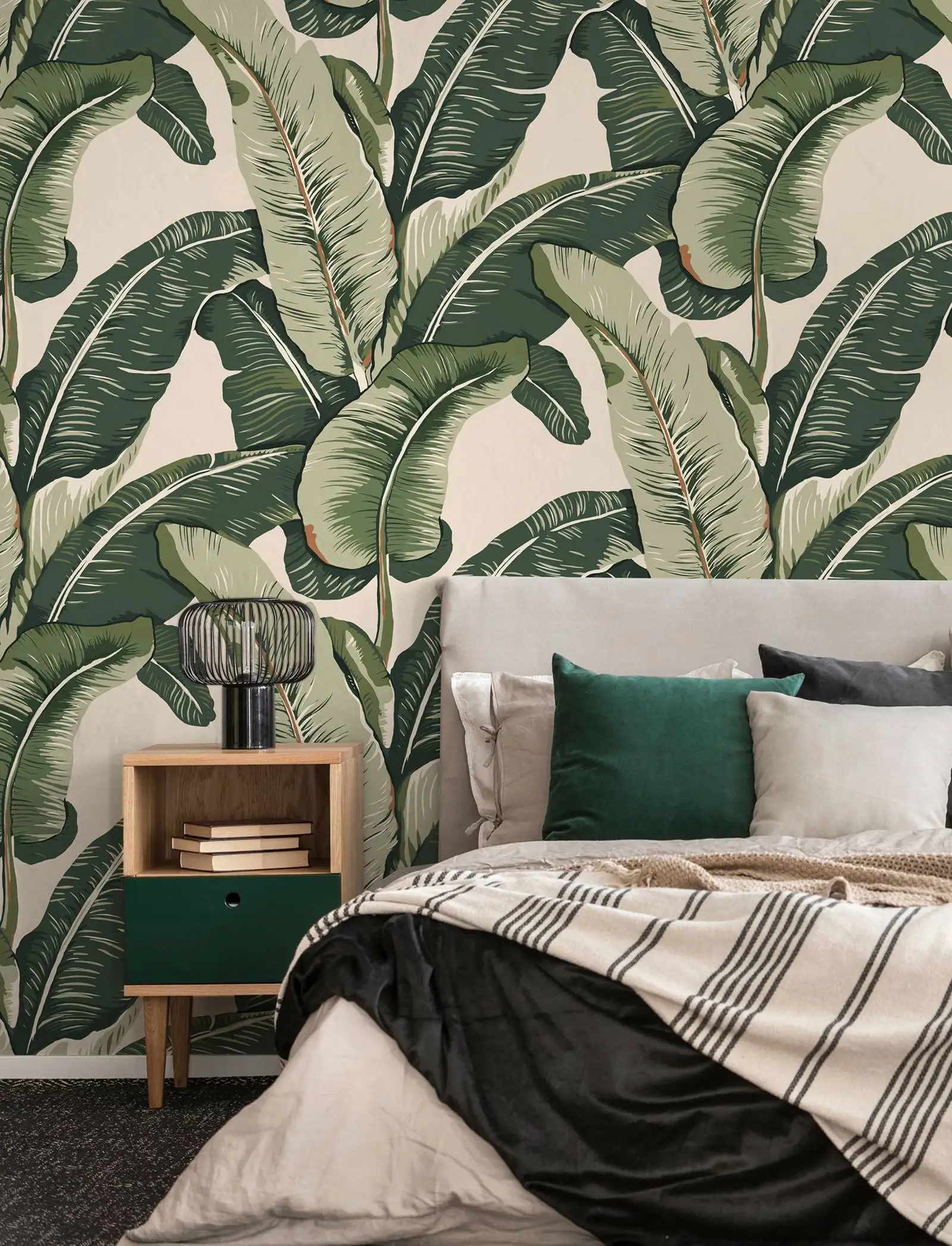 

Retro Banana Leaves Pattern Wallpaper Mural, Tropical Wallpaper with light and dark green colored banana leaves on a white back