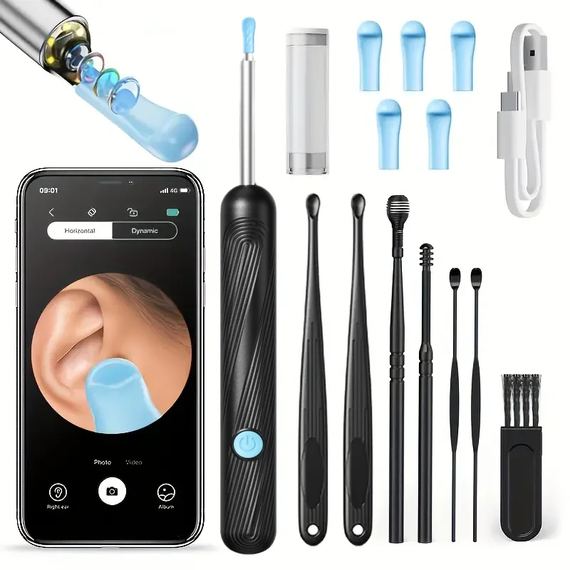 7pcs Ear Wax Removal Kit with 6 Spoons, Camera and Light - Wireless Tool for IOS & Android, 6 Sleeves Accessories To Clean Your Ears Safely At Home, IP67 Protection Level