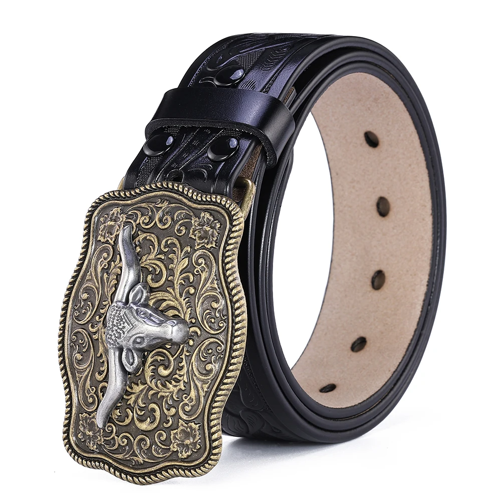 Western Belt Men Genuine Leather Belts for Men Cowboy Cowgirl Big Letters Buckle Gold Male Belts Long Black Brown Quality