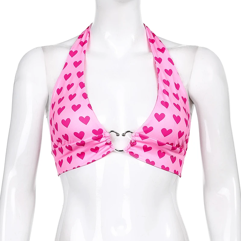 Pink Heart Print Cute Bustier Crop Top Women Aesthetic Kawaii Clothes Sleeveless Backless Lace Up Bralette Camisole