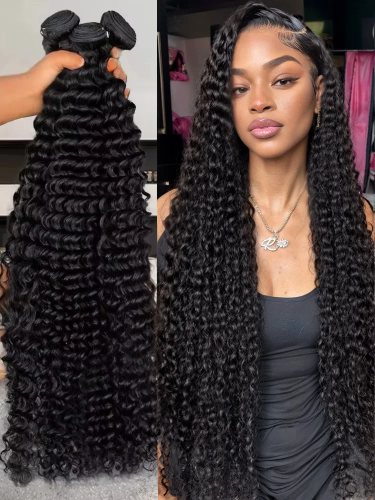 Deep Wave Human Hair Bundles 30 32 Inch Remy Unprocessed Raw Virgin 100% Human Hair Water Curly Wave Extensions 3 4 Bundles Deal