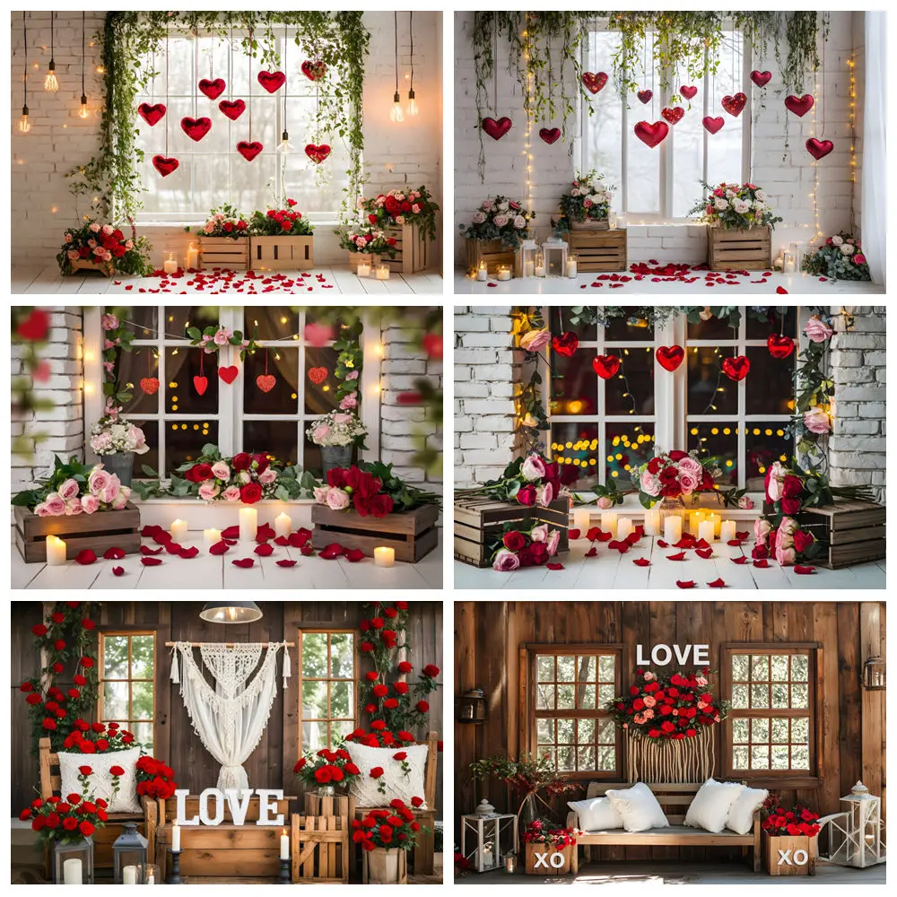 

February 14 Valentine's Day Backdrop Window Red Rose Flower Love Heart Couple Portrait Wedding Party Photography Background Deco