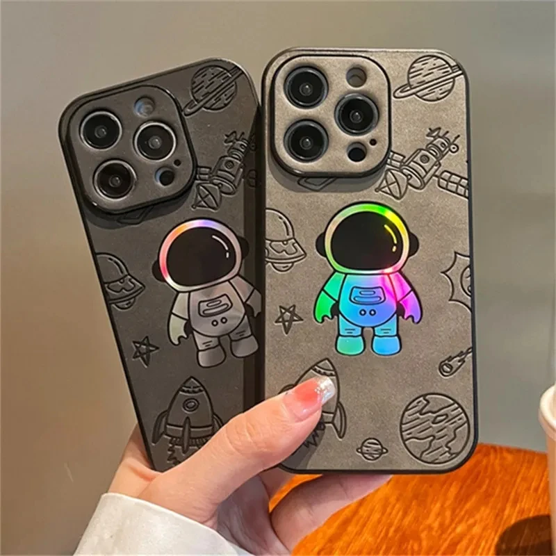 Laser Astronaut Leather Matte Phone Case For iPhone 15 14 13 12 11 Ultra Luxury Cartoon Camera Protector Shockproof Back Cover