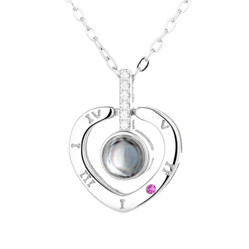 

S925 Sterling Silver Heart-Shaped Projection Memory 100 Languages I Love You Necklace for Valentine's Day Gift