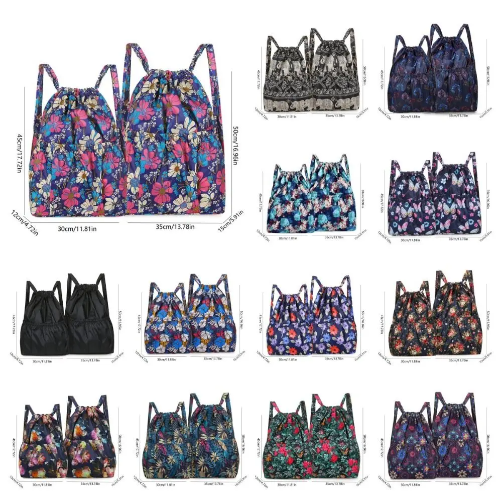 Large Capacity Flower Printing Backpack Shoulder Bag Elephant Drawstring Bag Solid Color Beach Bag Ethnic Style Handbag