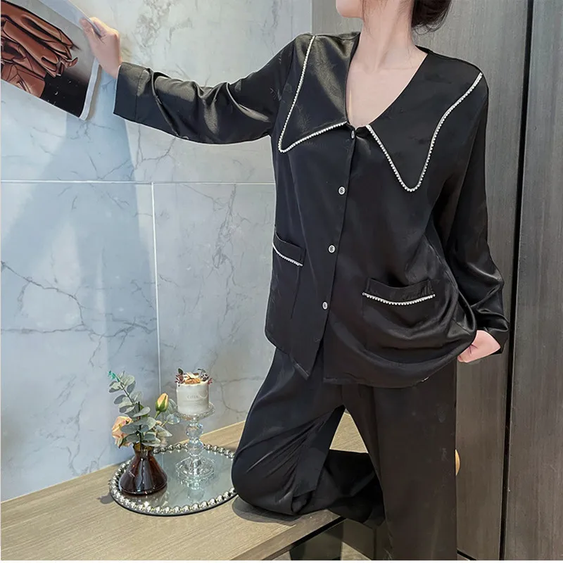 Women Pajamas Set Spring Sutumn Sleepwear 2PCS Princess Collar Shirt Trouser Sleep Suit Satin Home Wear