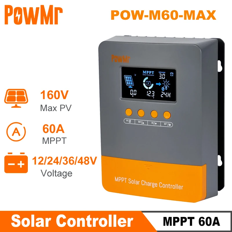 Newest PowMr MPPT 60A Solar Charger Controller 12V 24V 36V 48V Max PV 160V Solar Panels Regulator Lithium Battery Activation