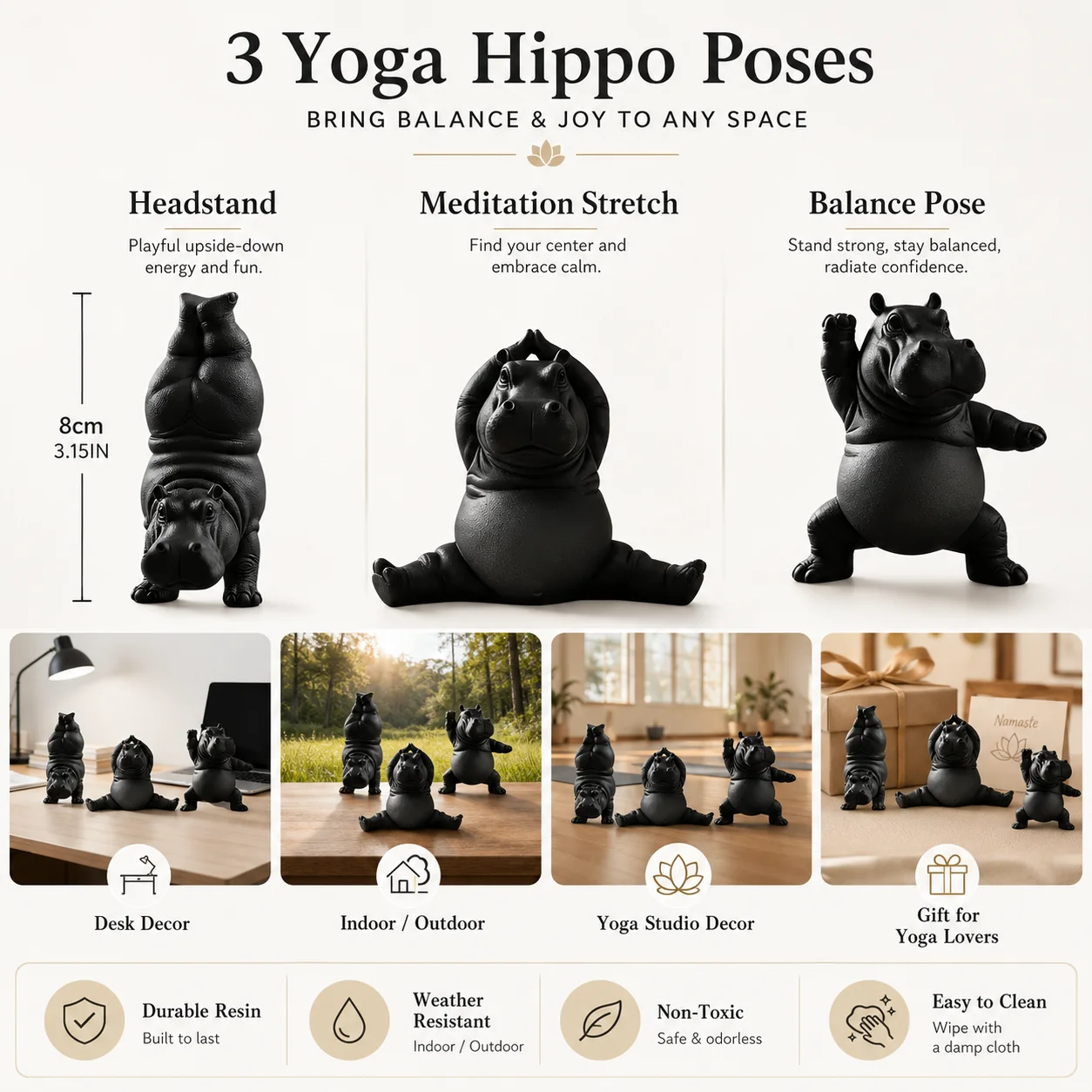 3Pcs Black Hippo Yoga Sculpture Set, Cute Cartoon Durable Animal Desk Decor for Home Office, Yoga Studio & Gifts