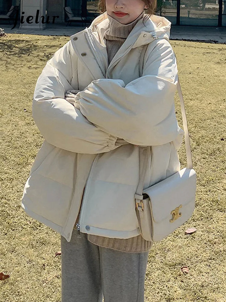 

Jielur Solid Color Cotton Padded Winter Clothes for Women Korean Fashion Loose Bread Jacket Thick Yellow White Parkas Female