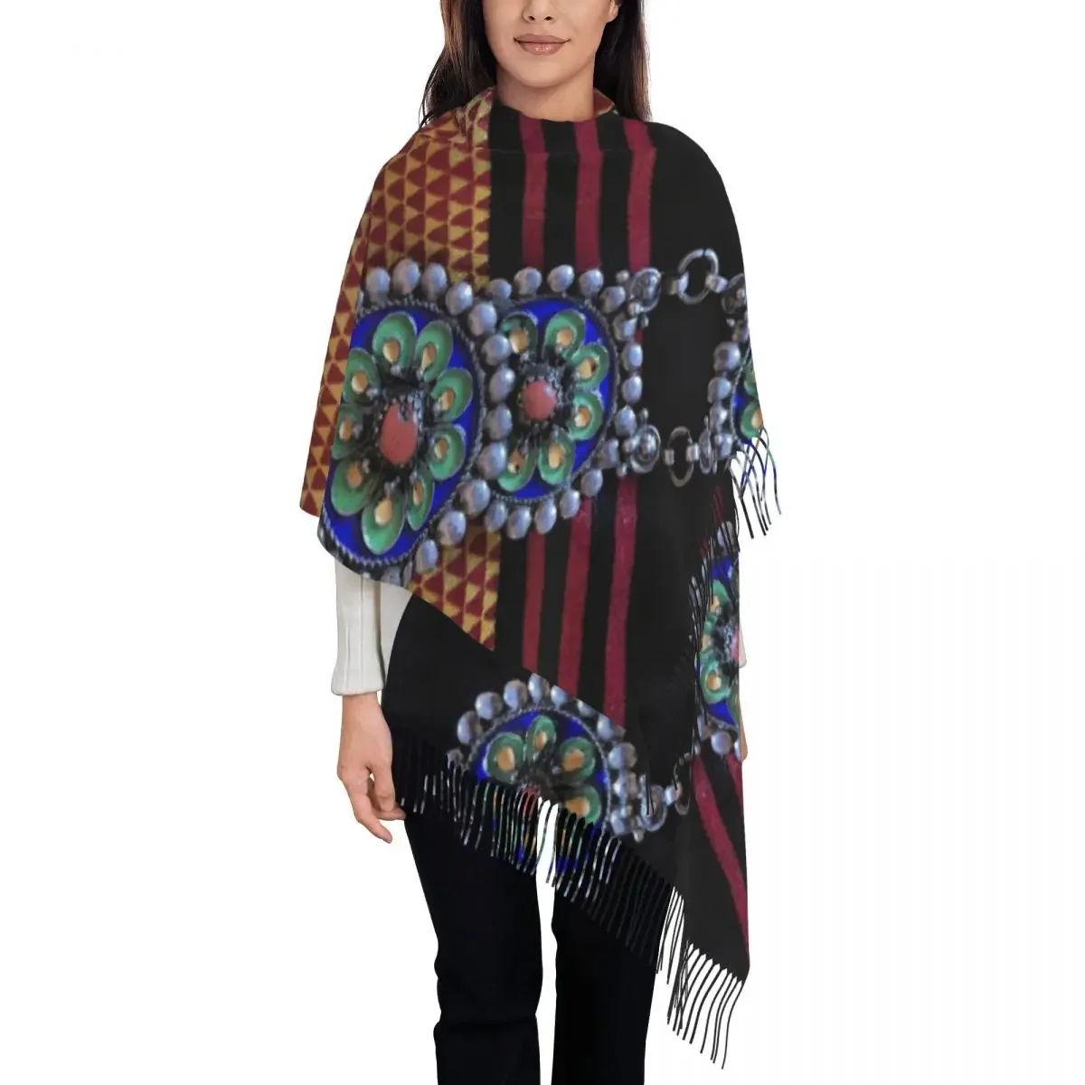 Kabyle tessuti gioielli sciarpa Wrap donna lungo inverno caldo nappa scialle Unisex Africa Style Berber sciarpe etniche