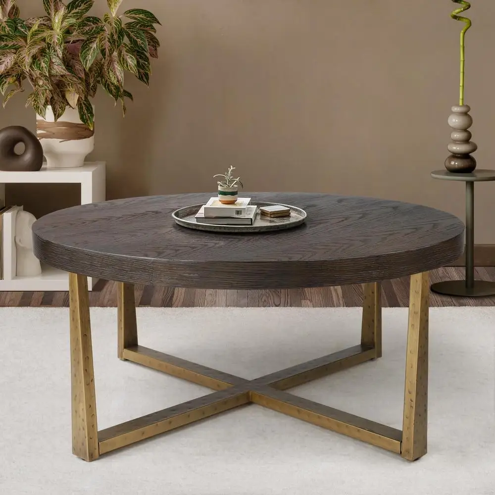 Round Coffee Table Rustic Wood Surface Gold Legs Modern Living Room Furniture Easy Clean Durable Design Multifunctional Stylish