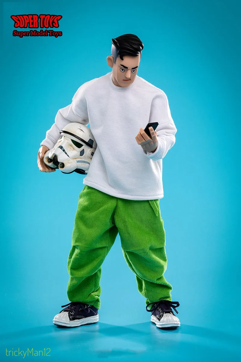 TrickyMan12 1/6 CITYBOY Style White Pullover Set Corduroy Green Loose Pants Low Cut Dissolve Shoes Fits 12