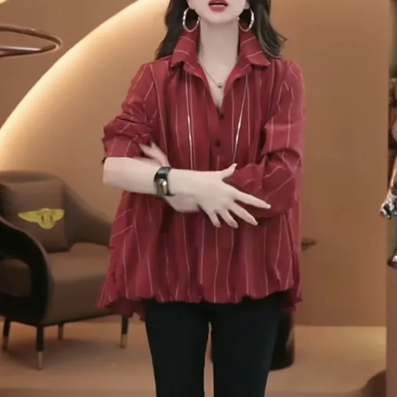 

Spring and Autumn Fashionable Loose Versatile Top New Vertical Striped Long-sleeved Shirt for Women