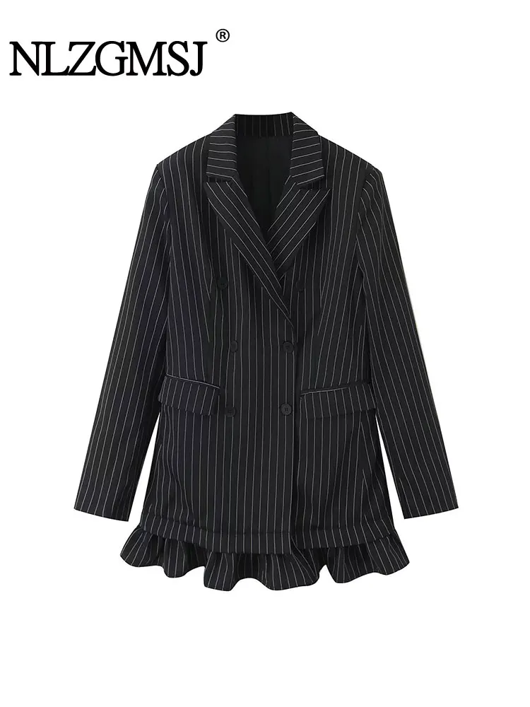 Nlzgmsj 2025 moda listrado em camadas vestidos curtos para mulheres manga longa blazer mini vestido mulher chique elegante escritório senhora vestido