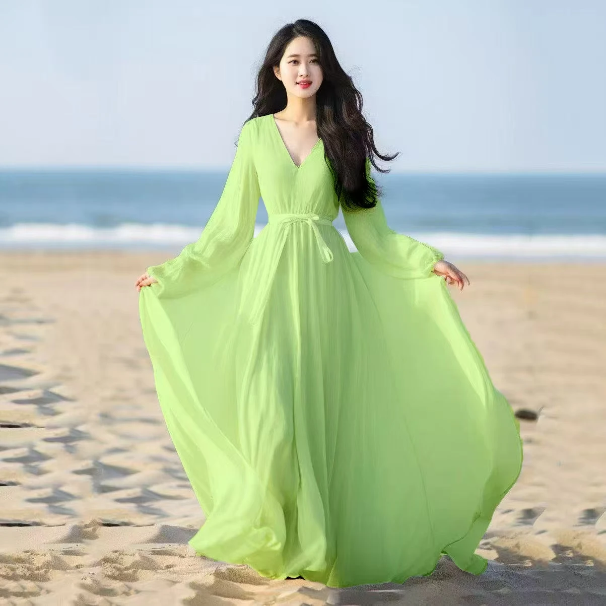 Vestido largo bohemio de gasa para playa para mujer, vestido informal holgado con cuello en V y cinturón de manga larga, Túnica para fiesta de noche y baile