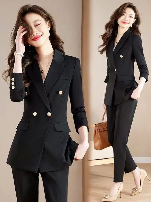 plus Size Black Suit Set for Women Professional Career Two Piece Set Korean Style Commute Wind High Waist Long Pants