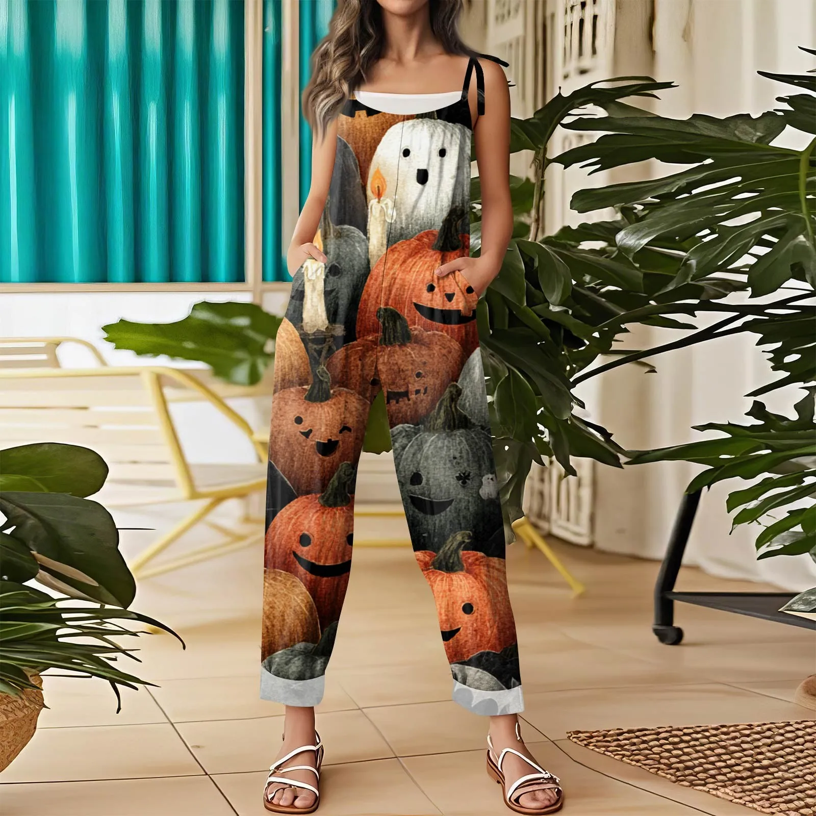 بذلة نسائية للهالوين ملابس مطبوعة برسوم كارتونية كبيرة على شكل رأس اليقطين كاجوال فضفاضة من القطن والكتان مع جيوب