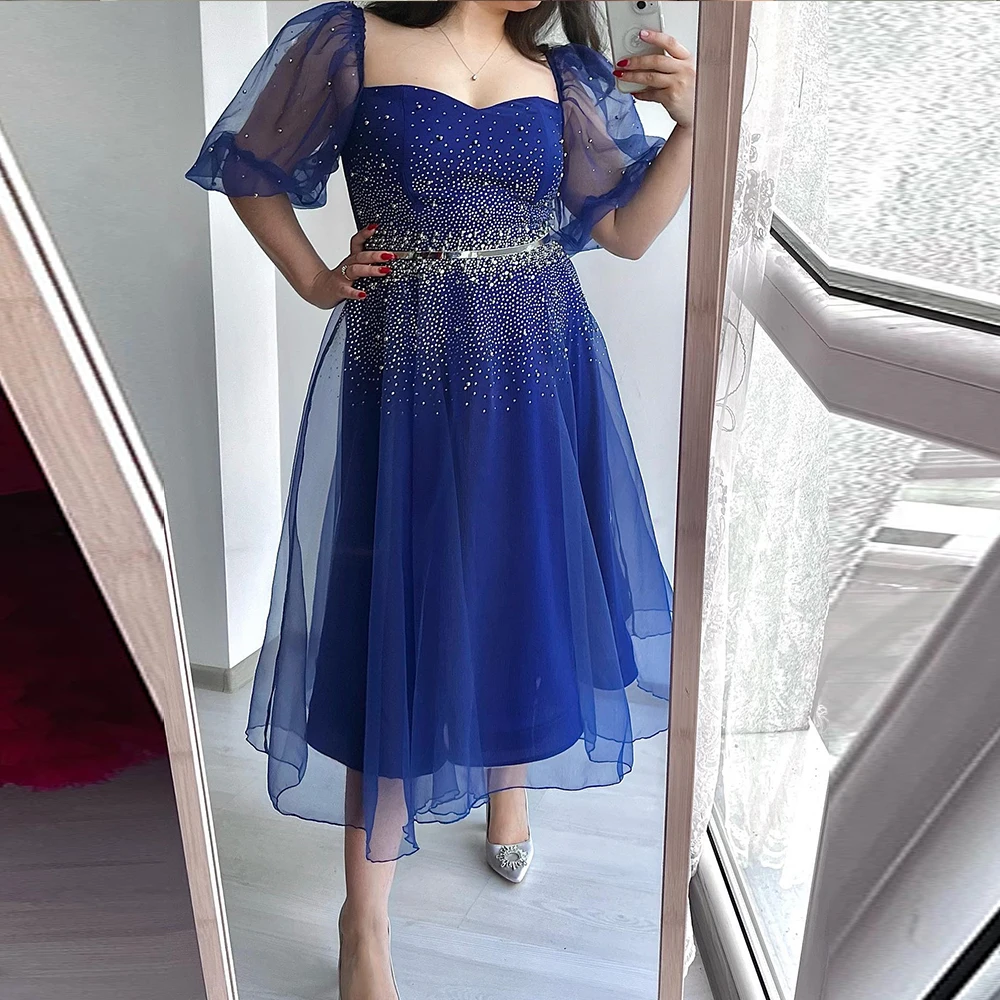 Classic A-Line Blue Tea Length Evening Dress Elegant Square Neck Tulle Short Sleeves Pleats Beading Crystal Saudi Arabia Women