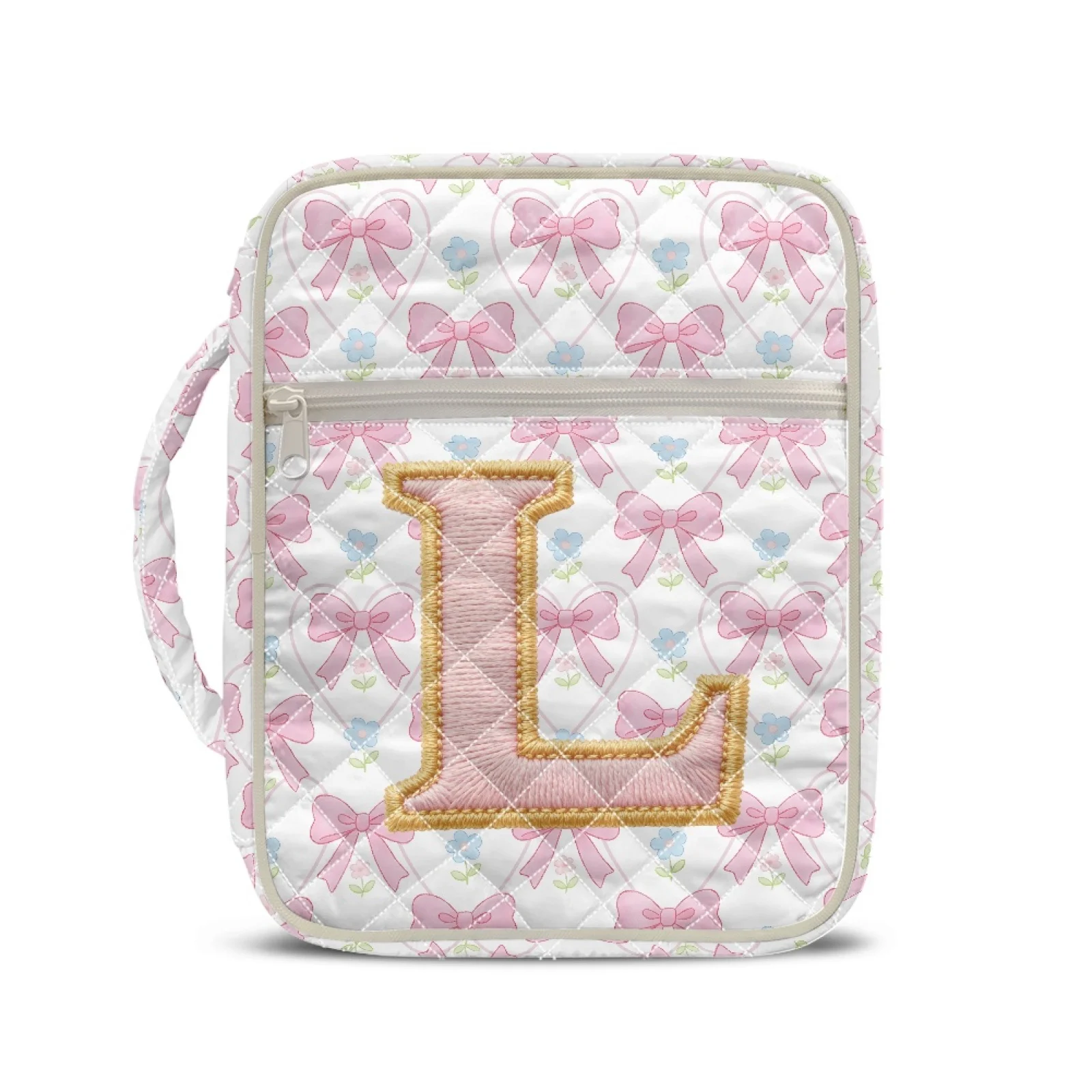 Coloranimal Quilted Bible Cover Case with Letter L Bow Floral, Zippered Tote Bag for Women Daily Scripture Reading 2024 New
