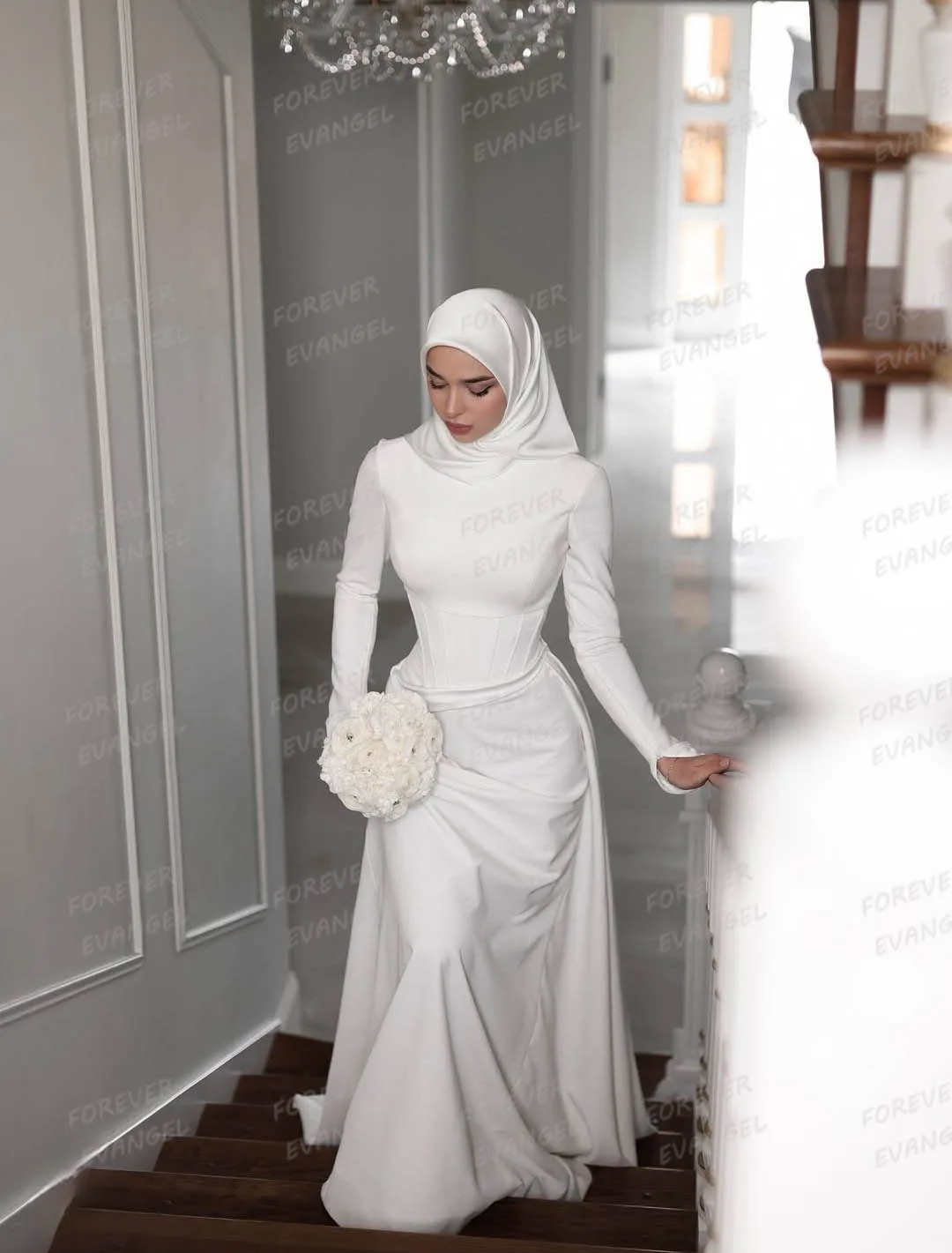 Einfache formelle Hochzeitskleider für muslimische Frauen, Satin-Brautkleider, hoher Ausschnitt, lange Ärmel, Rüschen, elegante Vestidos De Noche, individuell gestaltet