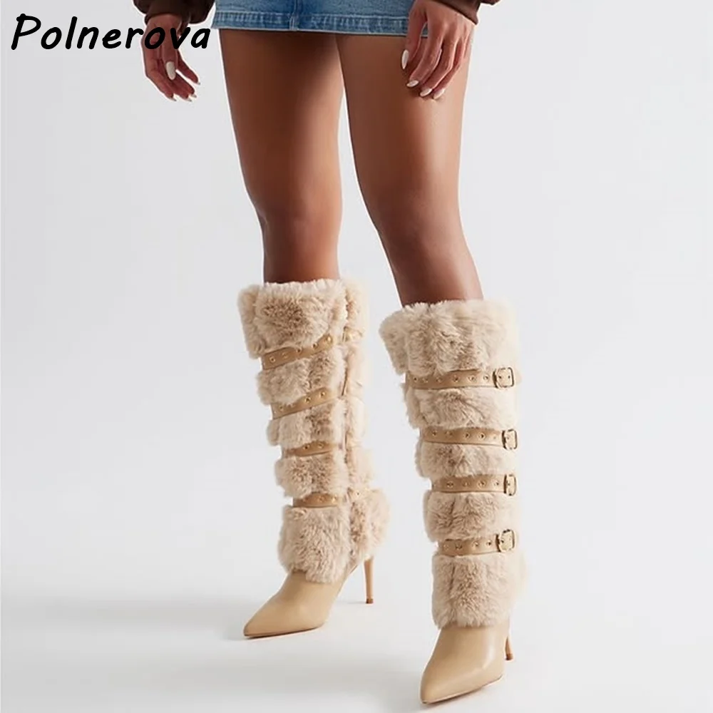 

Бежевые, черные сапоги с меховой пряжкой и ремнем, мягкие сапоги до колена на молнии с острым носком, женская модная зимняя теплая модная обувь