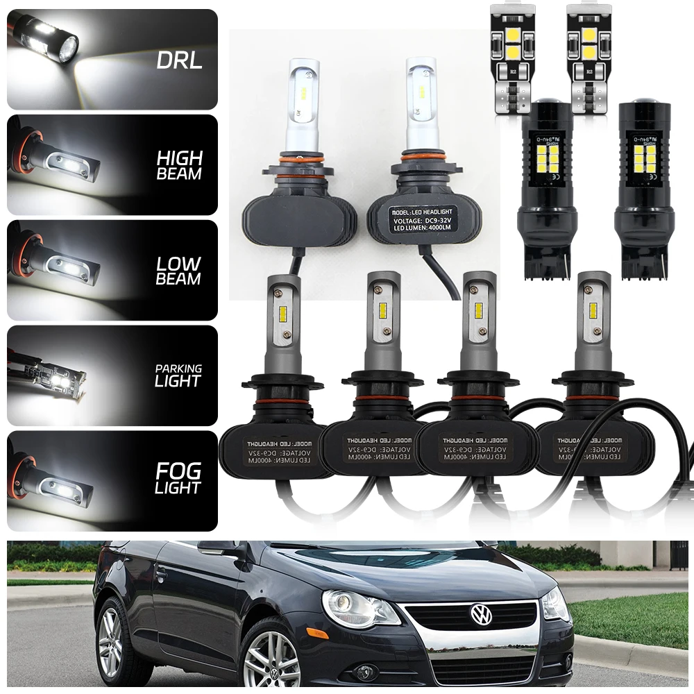 

LED Headlight Bulbs upgrade Kit Bright White For VW EOS 1F7 1F8 2007 2008-2015 Low beam,High beam,Fog lamp,DRL,Parking Light