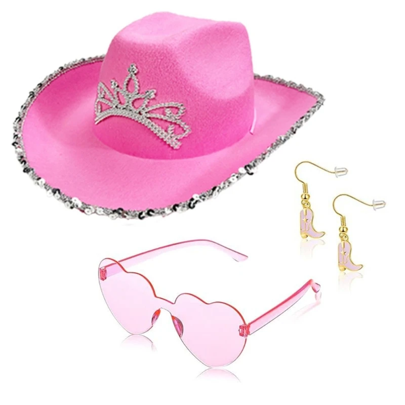 3pcs Carnivals Cowgirl Hat with Earring+Heart Sunglasses Set for Masquerades Drop Shipping