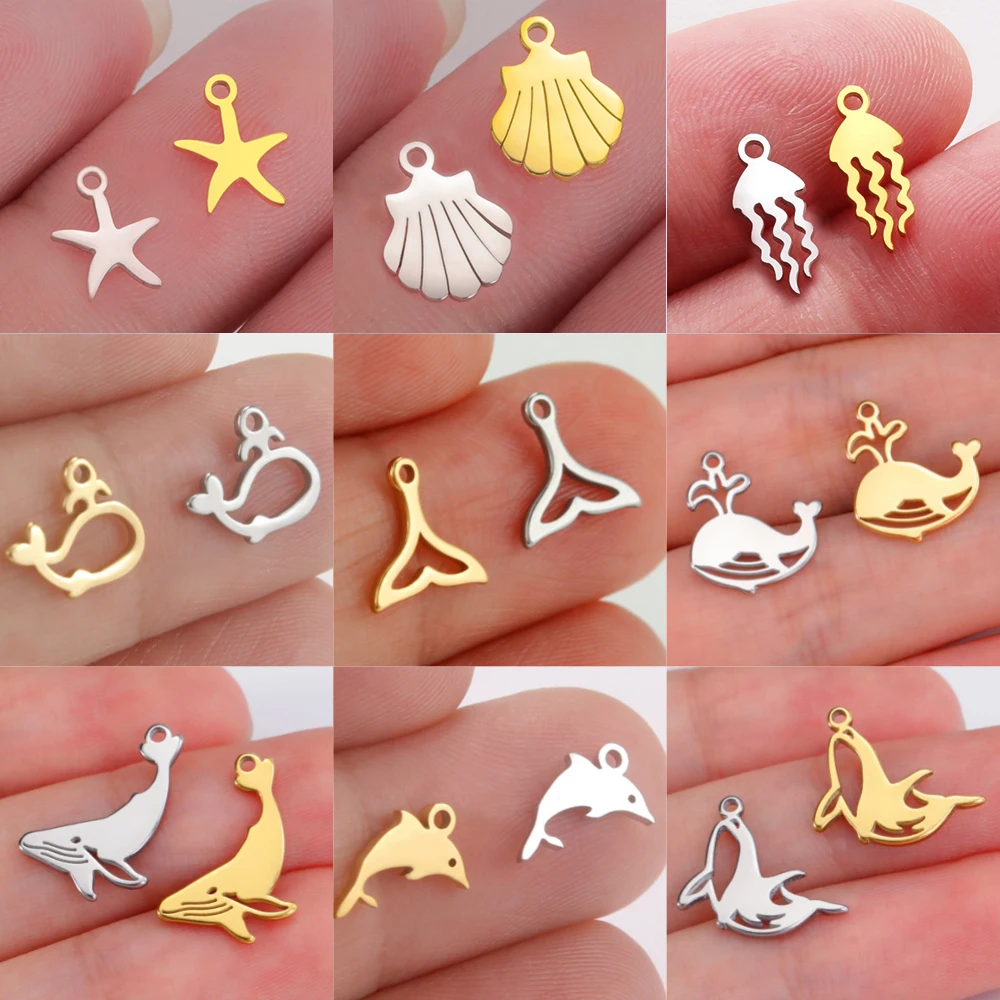 EUEAVAN 5pcs Ocean Starfish Dolphin Whale Charms Stainless Steel Shell Jellyfish Charm DIY Pendant Necklace Jewelry Making Gifts