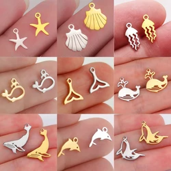 EUEAVAN 5pcs Ocean Starfish Dolphin Whale Charms Stainless Steel Shell Jellyfish Charm DIY Pendant Necklace Jewelry Making Gifts