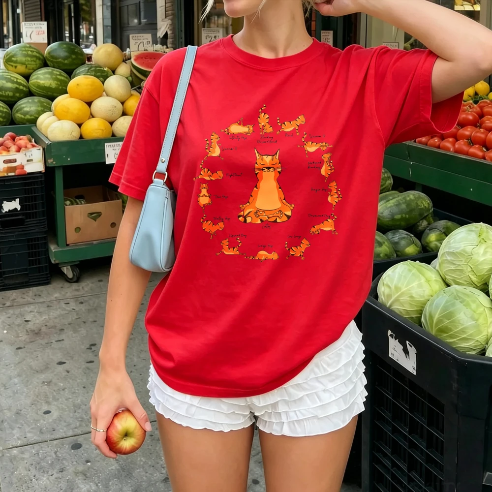 Orange Tabby Cat Meditation Yoga Asana Chart T Shirt Women Vintage Yoga Kitten Circle Graphic Casual Cotton Pet Yoga Lover Tops