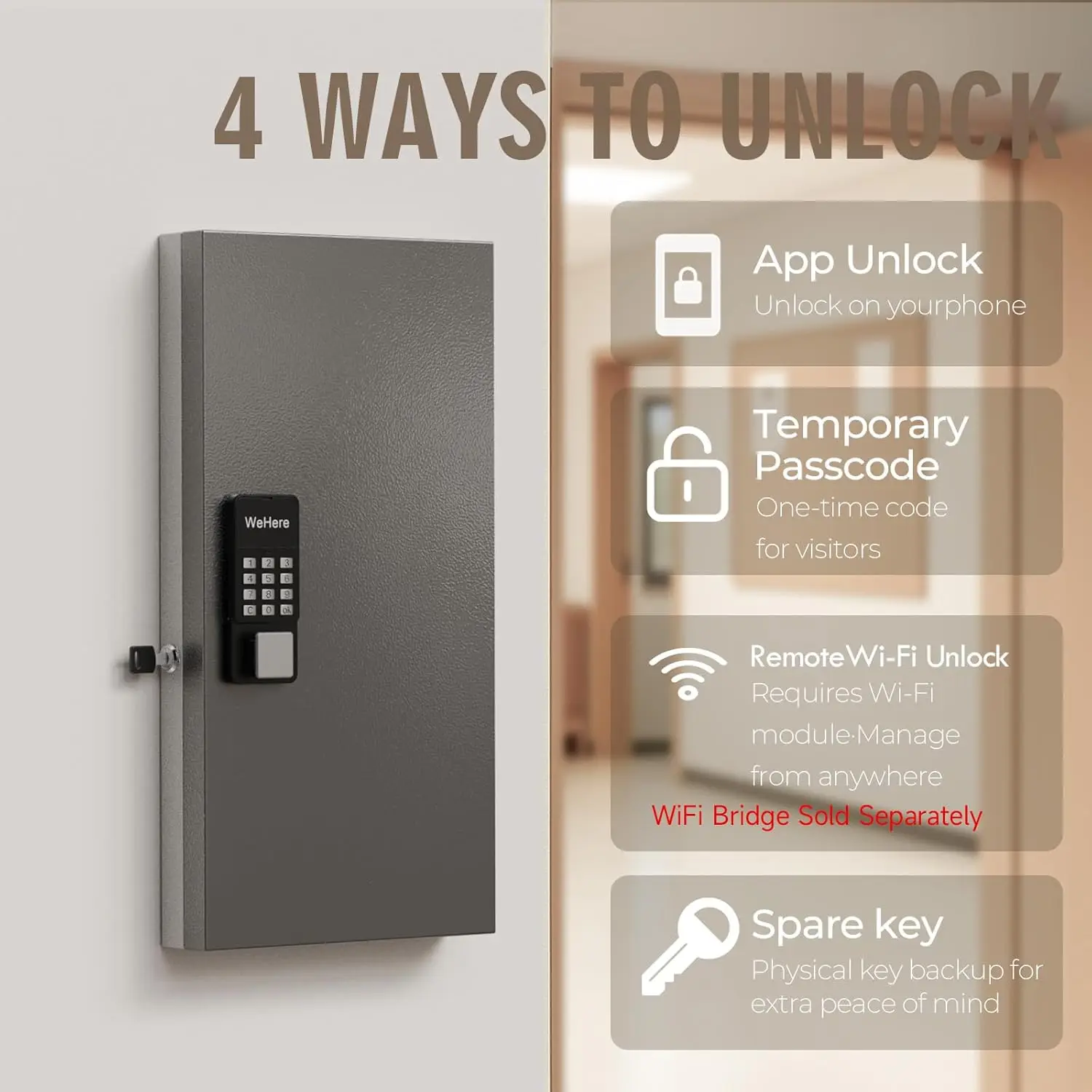 WeHere 48 Key Lock Box Intelligent Wall Mounted Key Storage Cabinet with OTP/APP Bluetooth And Fixed Code Unlocking Key Manageme