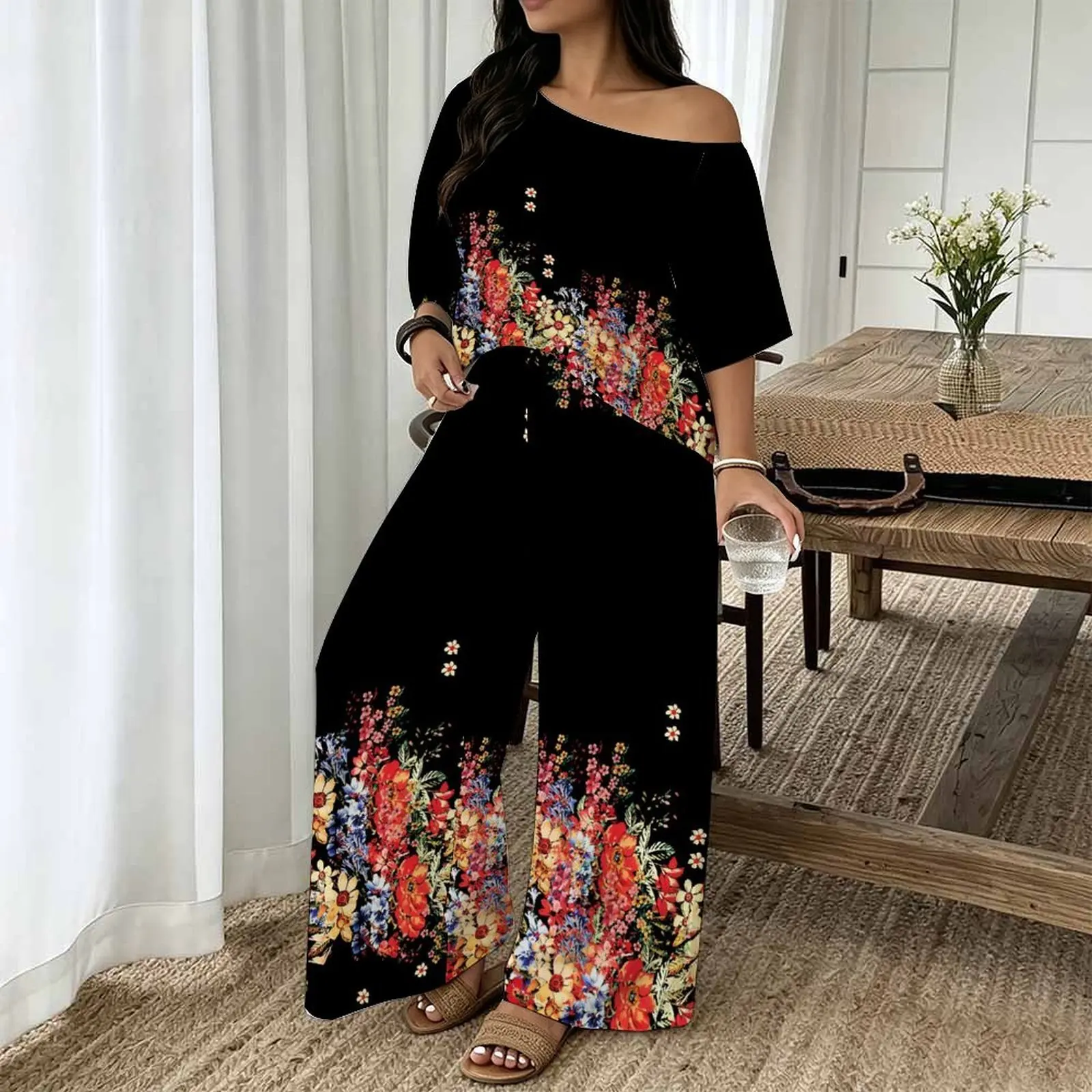 Plus Size Women Casual Print Two Piece Set Round Neck Sloping Shoulders  Short Sleeved Top Clothes Beach Vacation Sweatpants