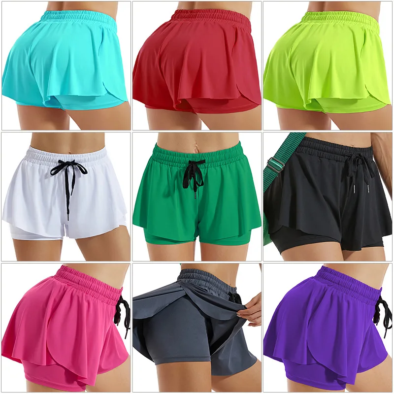 Cool Marathon Running Women Shorts 2 Layers Open Side Tights Inside Sexy Colorful Pretty Girl Sportswear Gym Yoga Training Pants