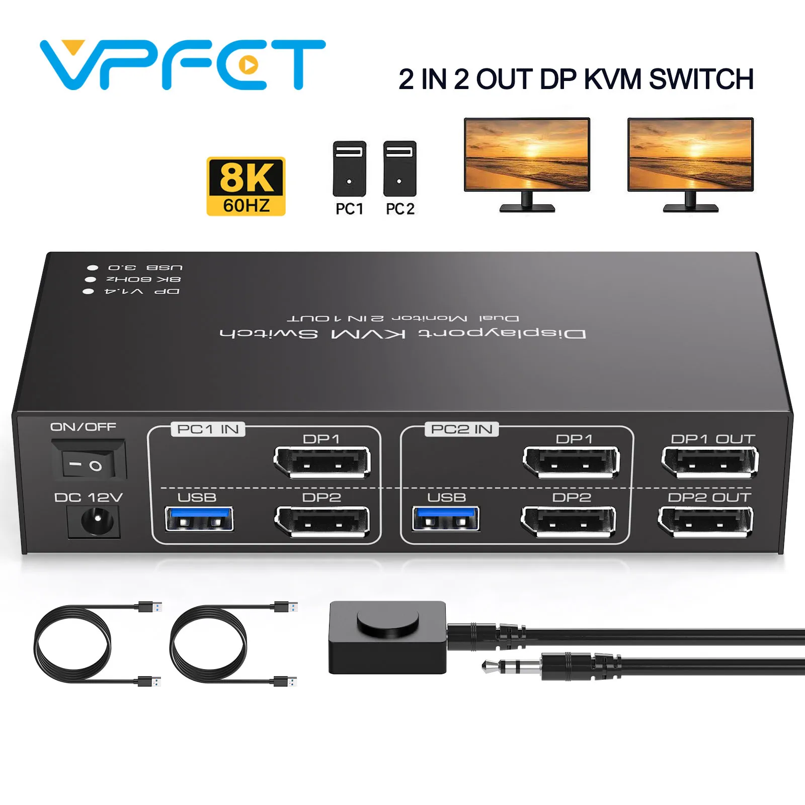 

KVM-переключатель Displayport 2 монитора 2 компьютера 8K при 60 Гц 4K при 120 Гц Двойной монитор USB 3.0 KVM-переключатель для 4 USB-устройств Мышь Клавиатура