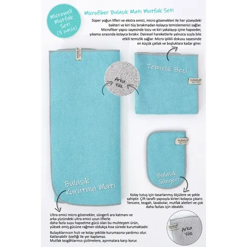 Dough Microwell 3 Prç Microfiber Dish Drying Mat Kitchen Set 3'lü Mint-Gray