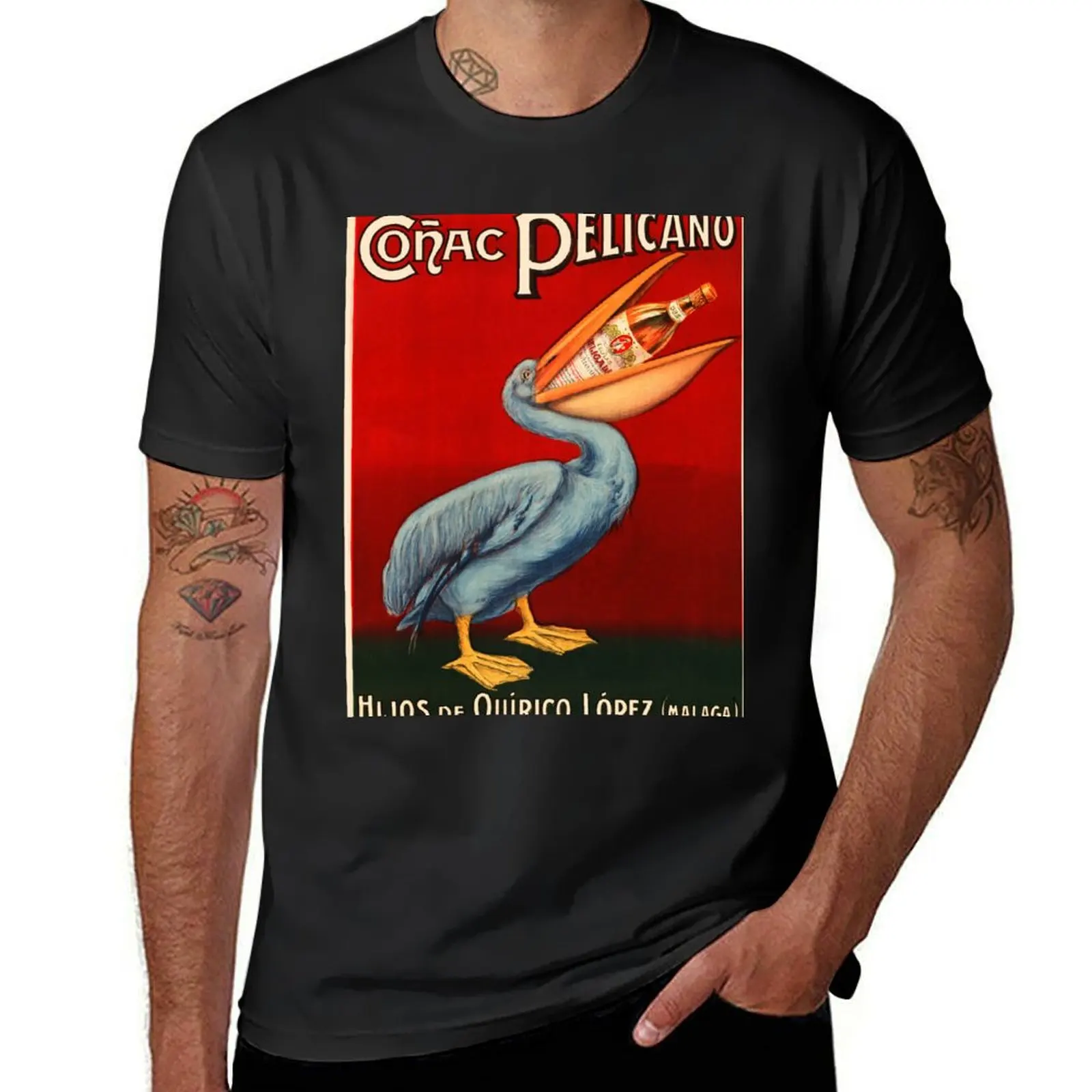 CONAC PELICANO Hijos de Quírico López Malaga 1920 Vintage Liquor Advertising Poster T-Shirt sports fans plain black t shirts men