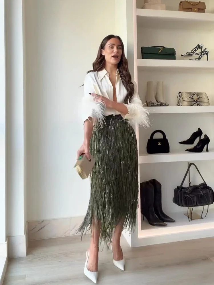 فستان ميدي أنيق مزين بالترتر الأخضر للسيدات، تنورة ضيقة عالية الخصر طويلة لامعة ومطرزة من الأسفل للنساء في عيد الميلاد والحفلات المسائية والنوادي #2