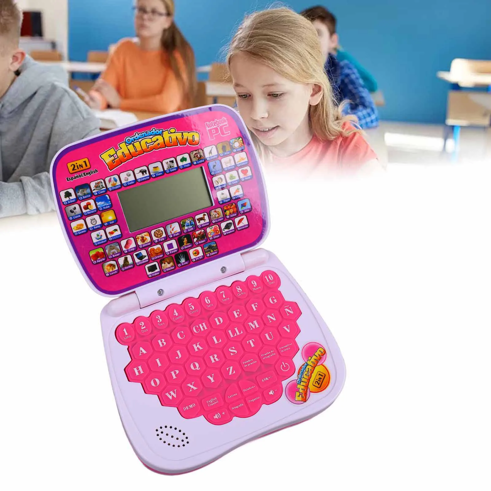 ZK30 キッズ学習マシン 英語 スペイン語 音楽機能 インタラクティブ教育ラップトップ 子供用 ピンク