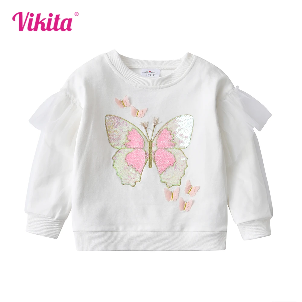 VIKITA Girls Cotton Casual Sports Sweatshirt Kids Butterfly Sequined Appliqued Flare Sleeve Cartoon Outerwear Children Clothing