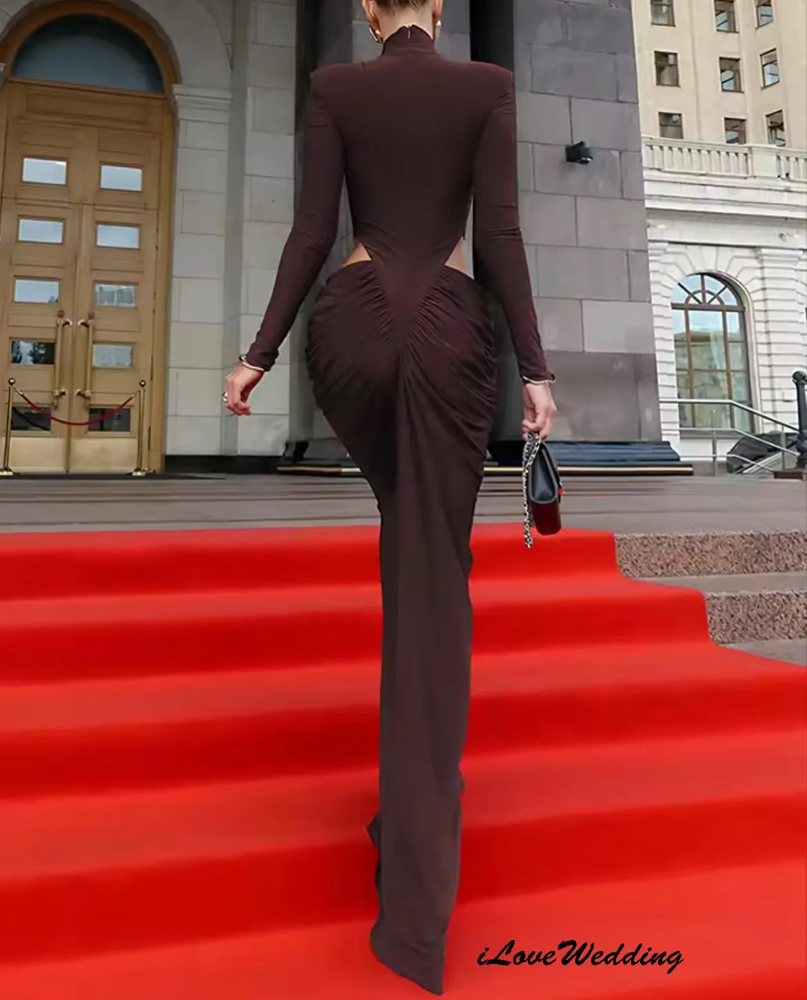 ハイネックエレガントなイブニングドレス 2025 長袖フォーマルガウンプリーツウエディングドレスマーメイド女性パーティードレスガラカスタマイズ