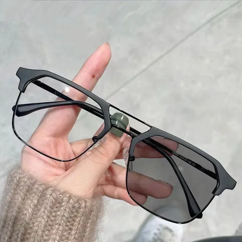 Retro Polygonal Full Frame Photochromic Near Sight Glasses Trendy Metal Double Beam Myopia Glasses  Anti Blue Light Glasses