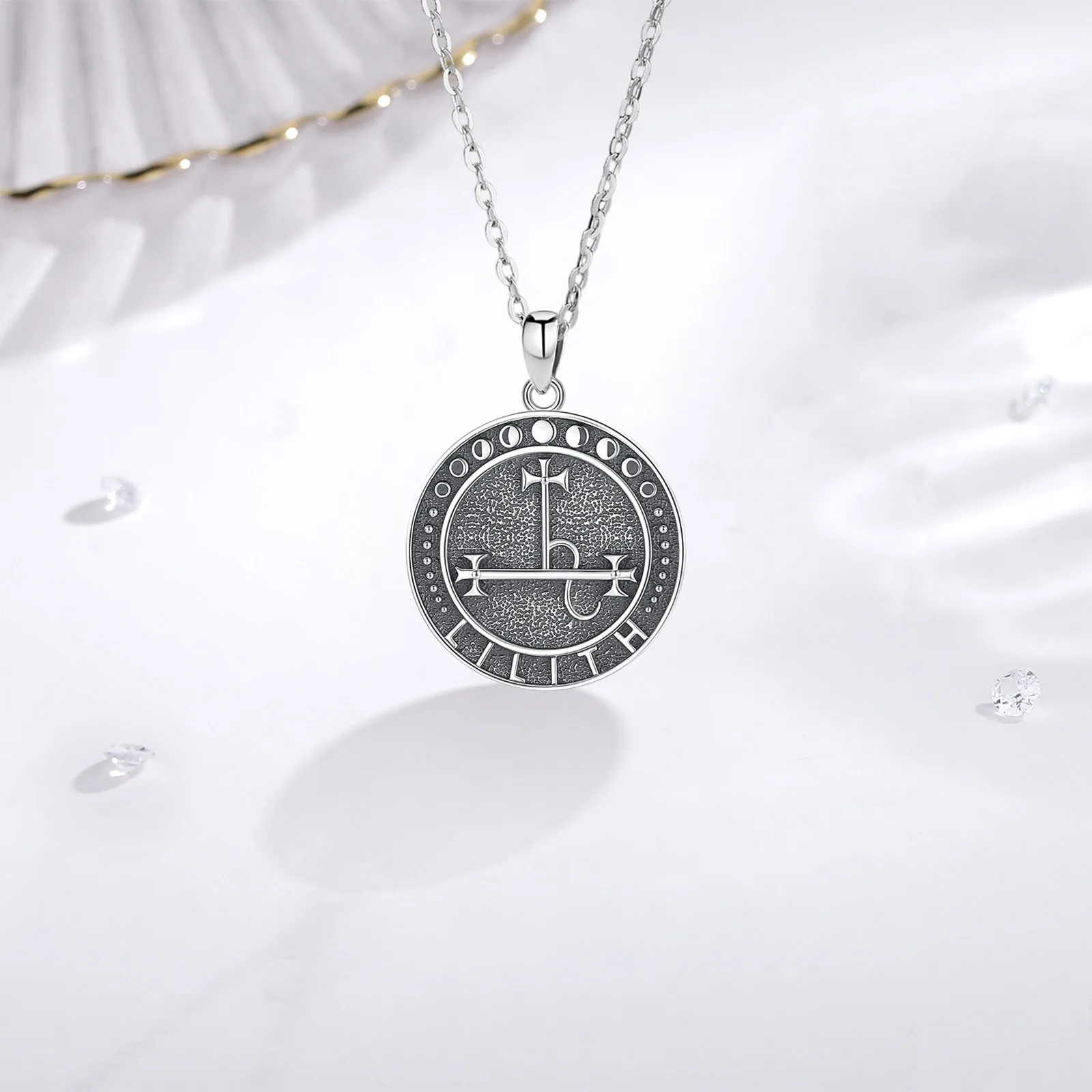 AEONSLOVE 925 Sterling Silver Lilith Necklace Sigil Of Lilith Moon Phase Pendant Spiritual Amulet Wicca Pagan Jewelry Party Gift