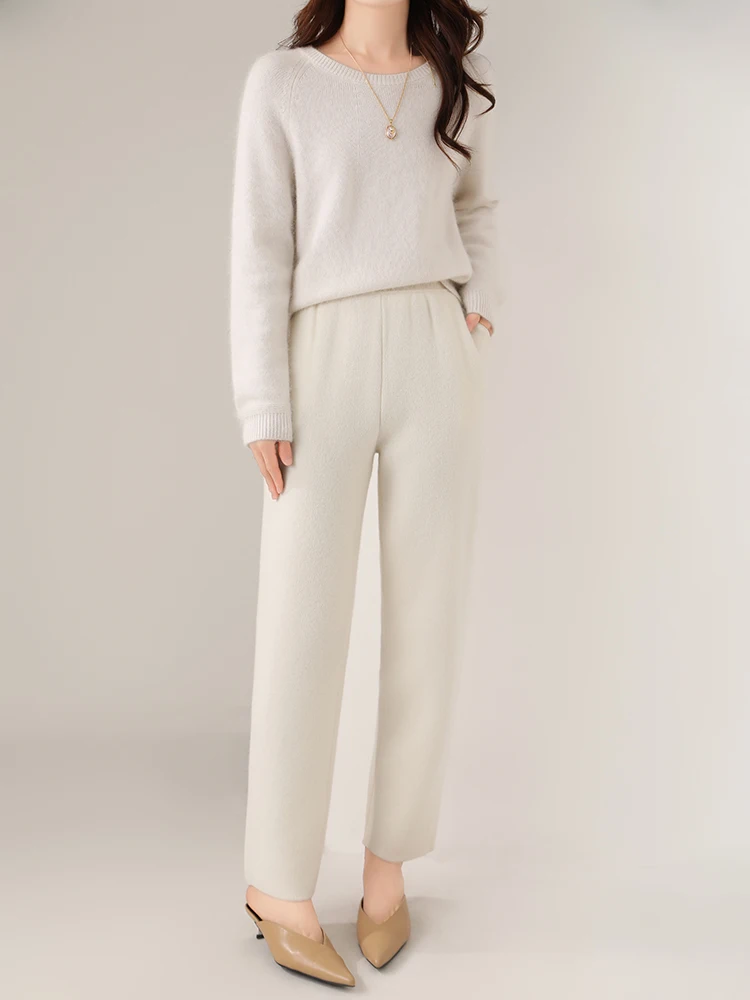 Women's Wool Pencil Pants Autumn Winter Office Lady Style Threaded Elastic Waist Trousers 100% Merino Wool Knitted Thicken Pants