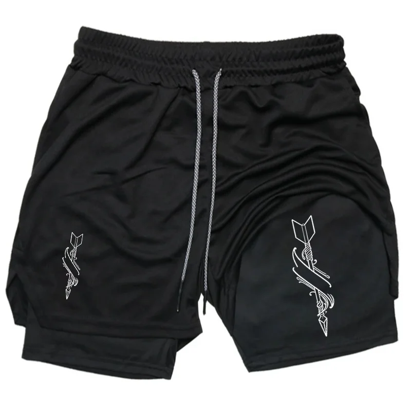 Arrow Print 2 in 1 Gym Workout Shorts for Men Quick Dry Stretchy Athletic Compression Shorts Fitness Running Jogging