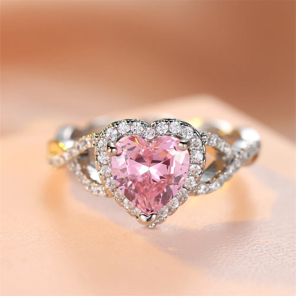 Charm Pink Zircon Love Heart Stone Rings For Women Vintage Silver Color Wedding Band Engagement Jewelry Girl Mother's Day Gift