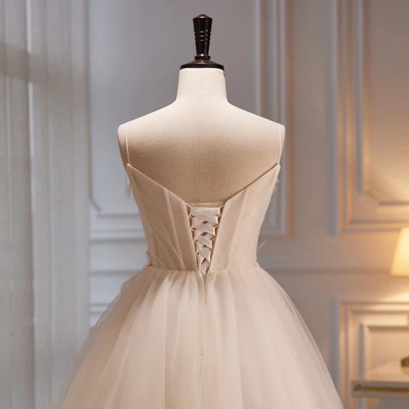 AnXin SH princesa off white flor renda alça espaguete sem mangas pena curto vestido de noite personalizado pequeno vestido branco