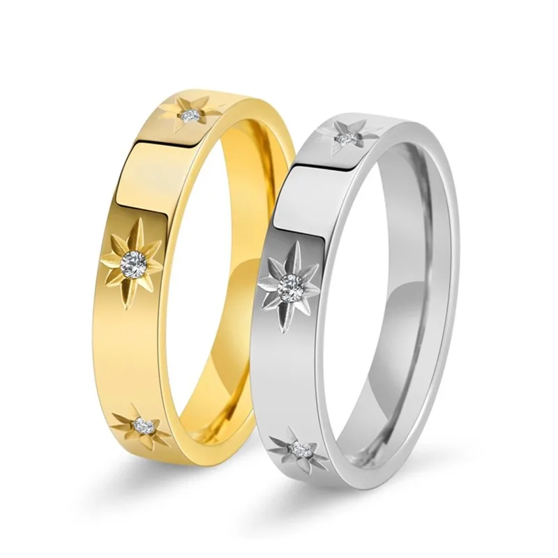 4mm Stainless Steel Inlay CZ Star Ring Wedding Band for Women Men Size 5-10