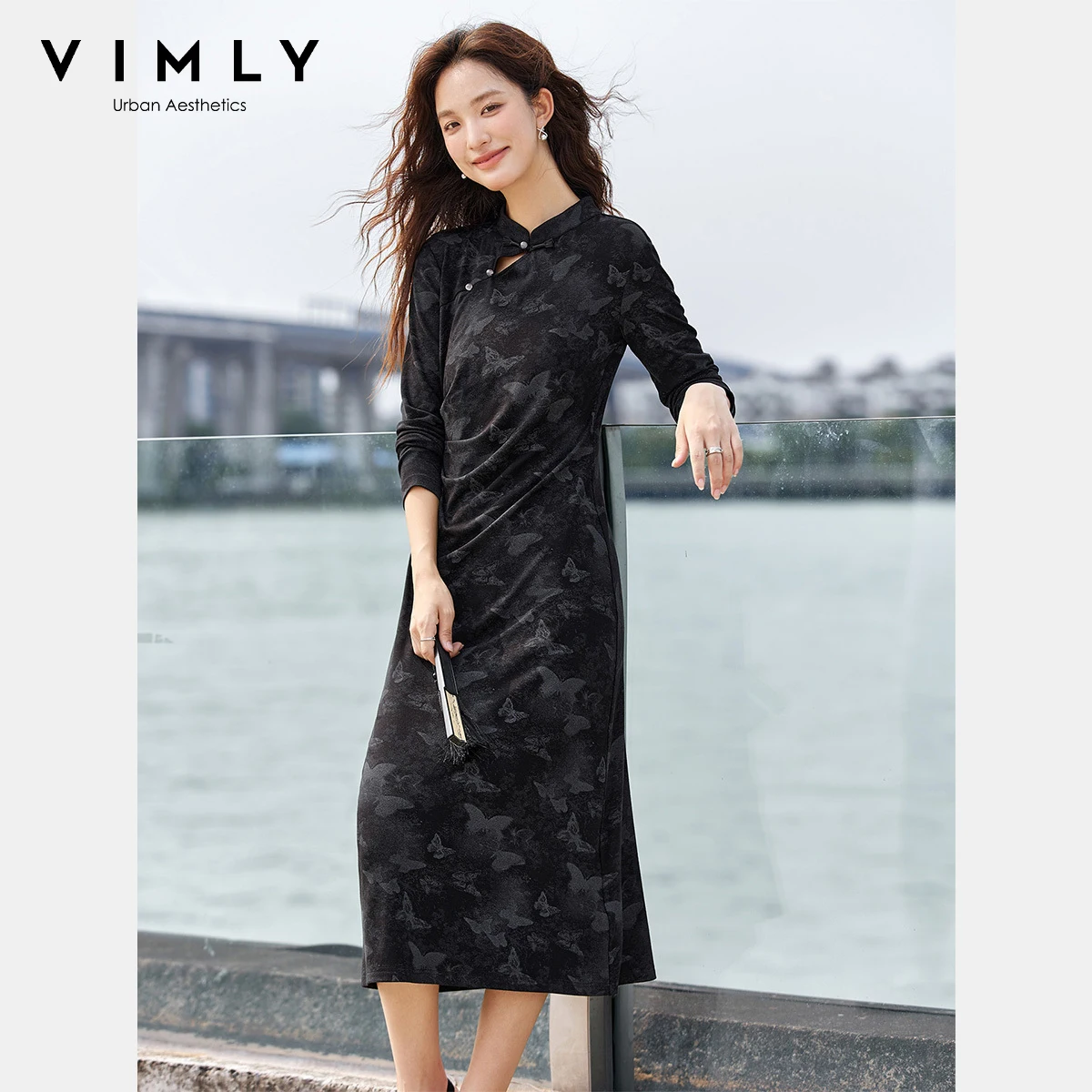 

VIMLY Elegant Woman Midi Dress 2025 Autumn Chinese Style Bufferfly Printing Black Dresses Mandarin Collar Ladies Cheongsam A2850